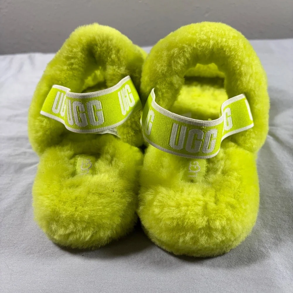 UGG Fluffita Sulfur Neon Yellow Curly Sheepskin Platform Slides Sandals 1115752K